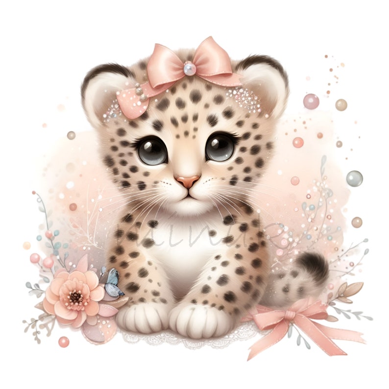 May include: A cute cartoon leopard with pink spots and a pink bow with a pearl in the center. The leopard is sitting on a white background with pink and blue flowers.