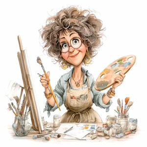 May include: A watercolour illustration of a smiling artist with curly grey hair, wearing glasses, a light blue shirt, and a tan apron. She holds a paintbrush and a wooden palette with colourful paint. Paintbrushes, jars of paint, and an easel are on the table.