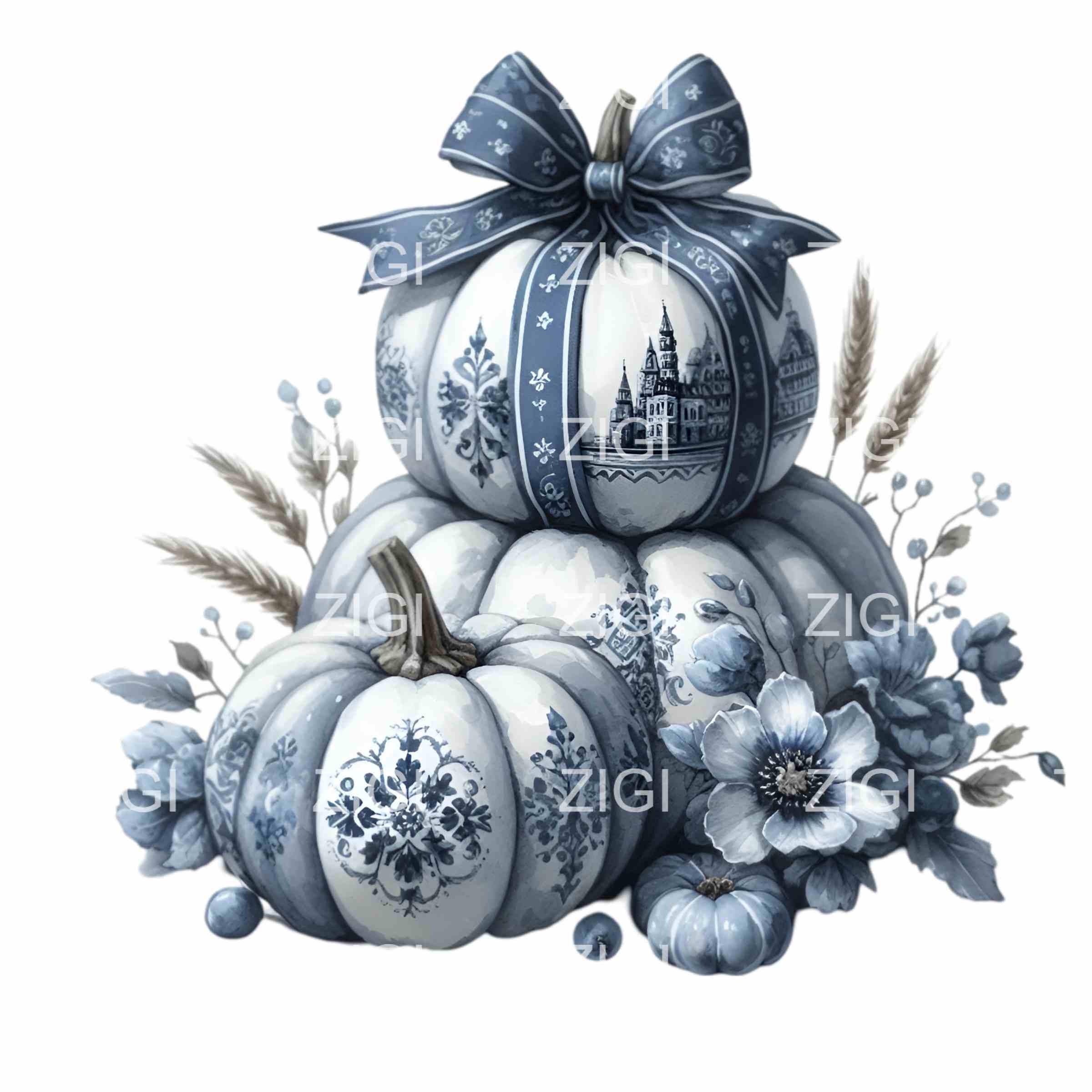 14 Blue Pumpkin PNG Clipart – Elegant Fall Pumpkins With Floral Bow ...