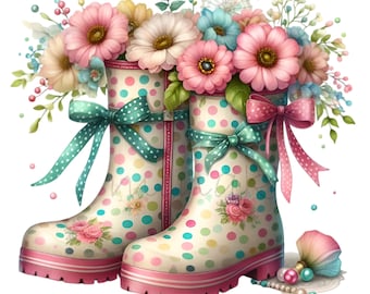 15 botas de lluvia florales PNG - Clipart primaveral con botas de agua de lunares y flores para manualidades de jardín, pegatinas y decoración de cabañas