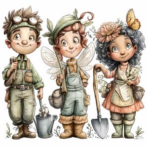 Op de afbeelding: Waterverfillustratie van drie grillige tuinfiguren. Eén houdt een gieter vast, een ander heeft vleugels en een emmer, en de derde heeft een schop en een vlinder op hun hoofd. Ze lachen allemaal en dragen tuinkleding.