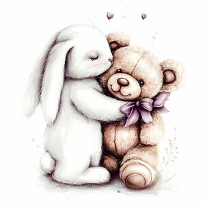 24 JPEG Lindo conejito y peluche Clipart, Conejo blanco abrazando oso de peluche JPG, Descarga digital de animales adorables