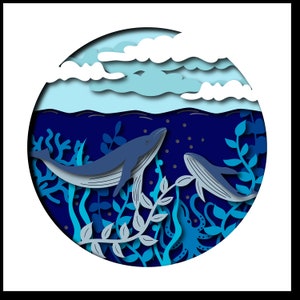 Ballena Shadowbox 3D Corte de papel Plantilla en capas Cumpleaños Diorama Caja de luz submarina Adorno Obra de arte multicapa SVG DXF
