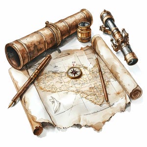 12 cliparts aquarelle carte nautique vintage JPEG, illustration antique de boussole et de télescope, art de voyage d'explorateur, téléchargement numérique JPG