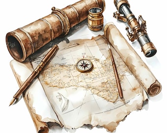 12 JPEG Vintage Nautical Map Watercolor Clipart, Antique Compass and Telescope Illustration, Explorer Travel Art, Digital Download JPG