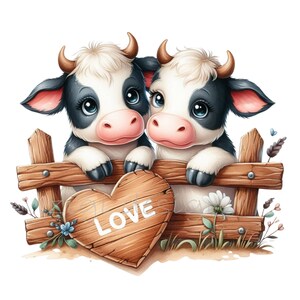 10 clipart de vacas PNG de dia dos namorados, vacas fofas com cerca de madeira e placa de coração de amor, arte digital de animal de fazenda romântico para download