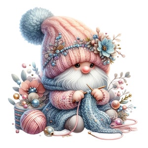 18 Clipart PNG de nain à tricoter, nain mignon au chapeau rose avec des fleurs, du fil bleu, des perles et des accents floraux, création d'art