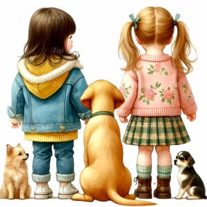 15 imágenes prediseñadas PNG de chicas con perros para descargar en formato digital: dos chicas jóvenes con atuendos casuales con coletas, chaquetas y dos perros adorables