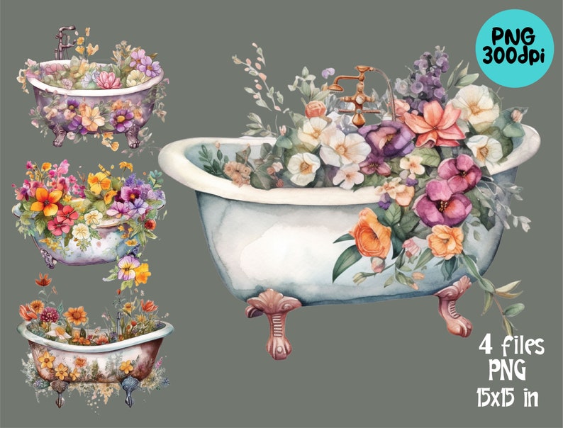 Bathtub Clipart PNG Watercolor Floral Bathroom Digital Planner Etsy