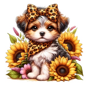 Puppy Clipart, Leopard Bow Clip Art, 10 PNG Sunflowers Dog Animal Print Cheetah, Teacher Kids School Shirt, Sublimation Mug Tumbler, Planner