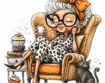 15 PNG Relaxed Grandma Clipart, Fashion Senior with Cat, Cupcake Coffee