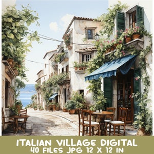 40 JPG Italiaans dorp aquarel clipart, mediterrane digitale kunst, JPG 12 x 12 inch, rustiek landschap decor