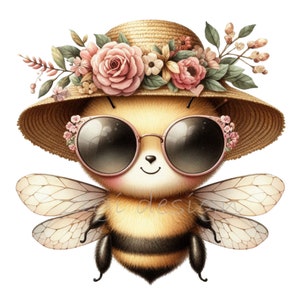 17 imágenes PNG de abejas con sombrero floral, gafas de sol y alas detalladas para manualidades inspiradas en la naturaleza