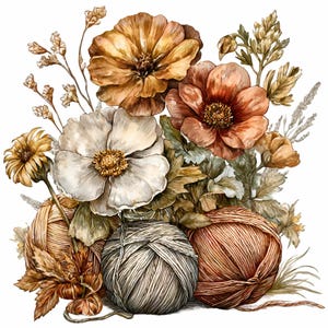 Könnte beinhalten: Aquarell-Illustration eines Blumenarrangements mit großen, offenen Blüten in Braun-, Orange- und Weißtönen. Mehrere Wollknäuel in komplementären Farben befinden sich am Fuß der Blumen, was auf ein Bastel- oder Hobbythema hindeutet.