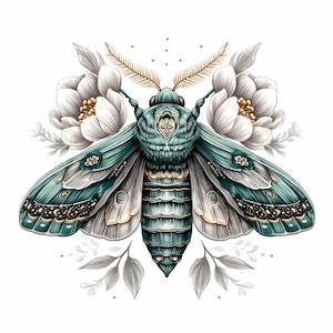 May include: Detailed illustration of a moth with teal and gold accents, set against white flowers and foliage. The moth's wings feature intricate patterns and a gradient of colors. The artwork has a vintage, botanical feel.