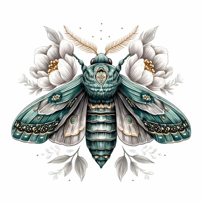 May include: Detailed illustration of a moth with teal and gold accents, set against white flowers and foliage. The moth's wings feature intricate patterns and a gradient of colors. The artwork has a vintage, botanical feel.