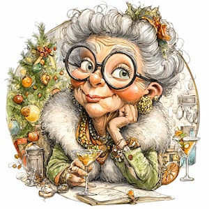 12 PNG Retro grandma clipart – Christmas cocktail PNG – Funny holiday download for cards, party invites, scrapbooking art