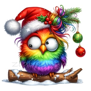 15 PNG arc-en-ciel de Noël hibou PNG Clipart - oiseau festif mignon en bonnet de Noel sur bûche - vacances hiver téléchargement numérique