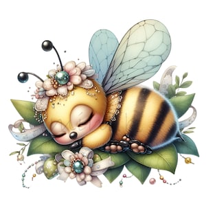10 PNG Sleeping bee clipart – Floral insect PNG – Cute decorative bee art with wings and flowers for nursery prints, spring crafts and cards