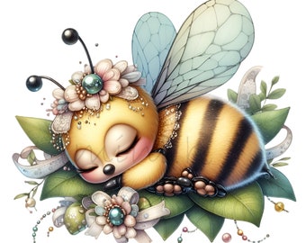 10 Clipart bourdon endormi PNG, chambre d'enfant floral perlé