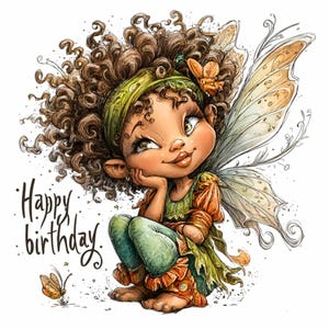 12 PNG Hada de cumpleaños PNG – Linda hada de pelo rizado clipart – Dibujos animados caprichosos para tarjetas de fiesta infantiles, decoración de fantasía, arte imprimible