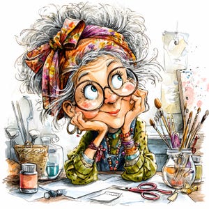May include: A whimsical illustration of an elderly woman with glasses, a colorful headscarf, and a green blouse, gazing upwards. She rests her chin on her hands, surrounded by art supplies like brushes, scissors, and ink bottles, suggesting a creative theme.