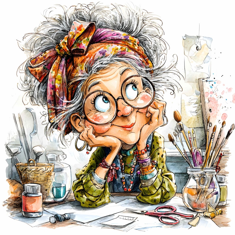 May include: A whimsical illustration of an elderly woman with glasses, a colorful headscarf, and a green blouse, gazing upwards. She rests her chin on her hands, surrounded by art supplies like brushes, scissors, and ink bottles, suggesting a creative theme.