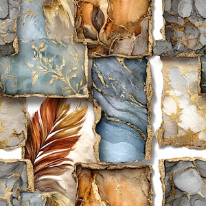 May include: Abstract digital art featuring a mosaic of textured squares with gold edging. The squares display watercolor-style patterns in shades of blue, brown, and gray, with gold leaf accents and a central feather.