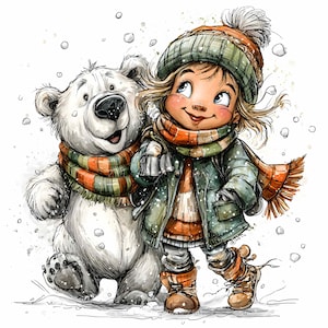 28 JPEG Garota do inverno e clipart de urso polar – Desenho animado fofo com neve JPG – Arte digital divertida para artesanato de férias, cartões, impressões infantis, decoração