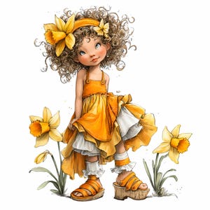 Könnte beinhalten: Aquarellillustration eines jungen Mädchens in einem gelben Kleid, Stirnband und Sandalen, umgeben von Narzissen. Das Kleid hat weiße Akzente und die Sandalen haben Holzplattformen. Das Mädchen hat lockiges braunes Haar und lächelt.