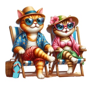 10 PNG Letni kot clipart – Koty na wakacjach na plaży PNG – Tropikalna para ilustracja do scrapbookingu, zaproszeń na imprezę, zabawnych projektów dla zwierząt
