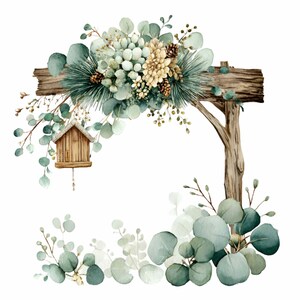 Könnte beinhalten: Aquarellillustration eines rustikalen Holzbogens, verziert mit Eukalyptusblättern, Tannennadeln und kleinen Tannenzapfen. Ein kleines Vogelhaus aus Holz hängt am Bogen. Die Farbpalette umfasst Grün-, Braun- und Beigetöne.