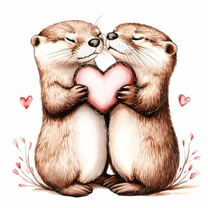12 cliparts de couple de loutres PNG - Coeur d'amour PNG - Art animalier romantique mignon pour cartes de la Saint-Valentin, gravures de couple, décoration de chambre d'enfant et travaux manuels