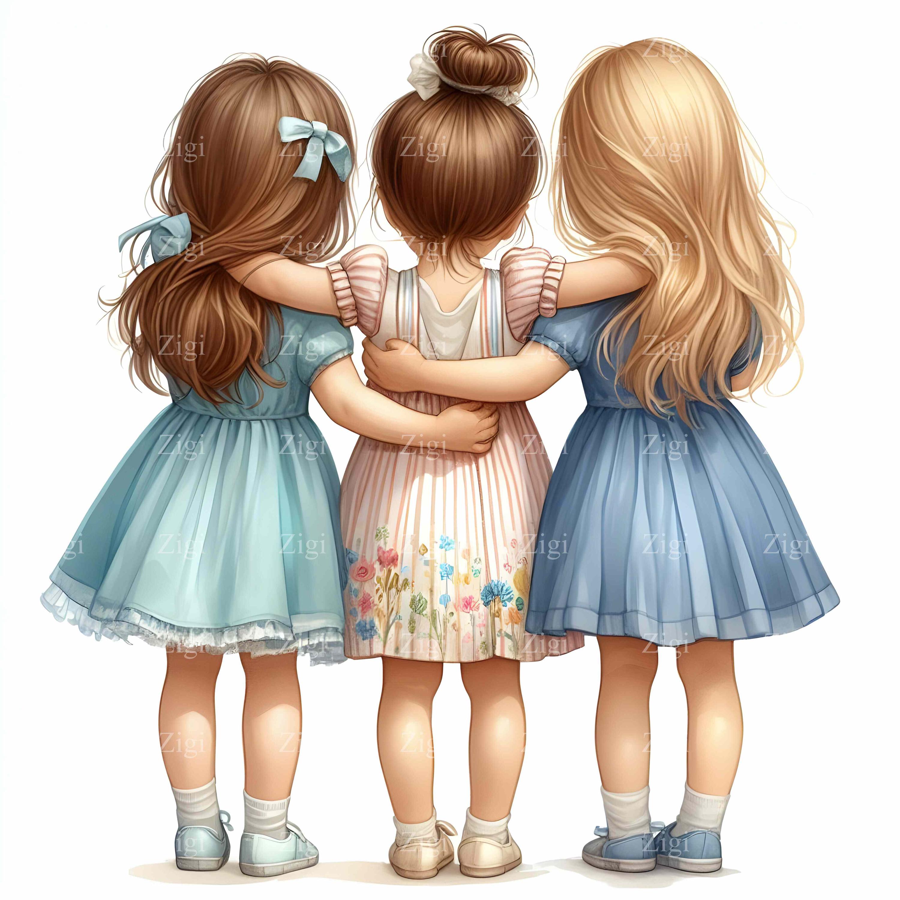 10 JPEG Sisterhood Clipart – Three Girls Hugging Back View