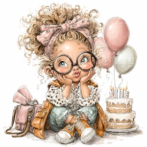 May include: A cartoon illustration of a young girl with curly blonde hair, wearing large round glasses, a pink bow, and a polka-dot shirt. She is surrounded by balloons, a birthday cake, and a pink purse. The image has a celebratory theme.