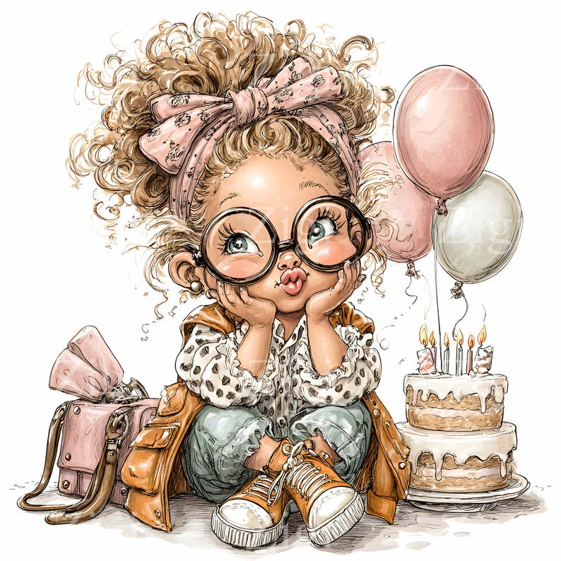 May include: A cartoon illustration of a young girl with curly blonde hair, wearing large round glasses, a pink bow, and a polka-dot shirt. She is surrounded by balloons, a birthday cake, and a pink purse. The image has a celebratory theme.