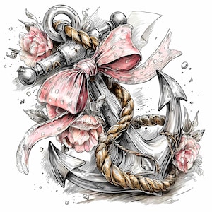 May include: An illustration of a nautical anchor with a pink polka-dot bow and rope. The anchor is surrounded by pink flowers and leaves. The artwork is detailed with shading and highlights, creating a three-dimensional effect.
