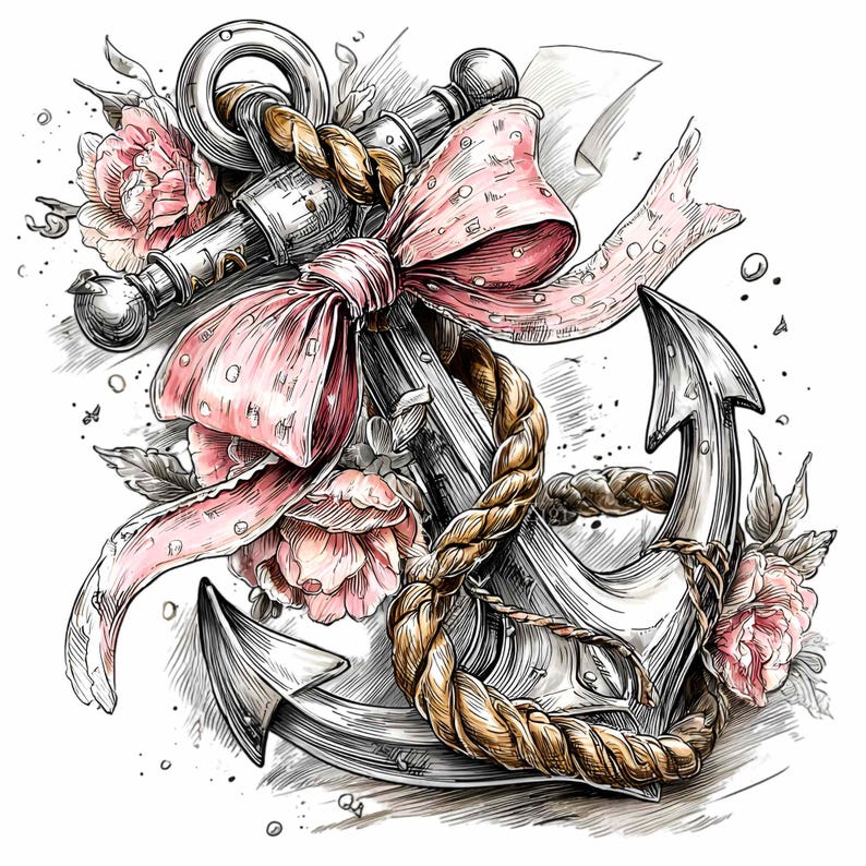 May include: An illustration of a nautical anchor with a pink polka-dot bow and rope. The anchor is surrounded by pink flowers and leaves. The artwork is detailed with shading and highlights, creating a three-dimensional effect.