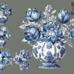 Delft Blue Clipart PNG Watercolor Cottage Farm Floral Vase Sublimation ...