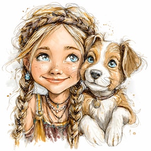 28 JPEG Braided girl and puppy clipart – Sweet child and dog JPG – Cute digital art for kids prints, crafts, cards, nursery decor