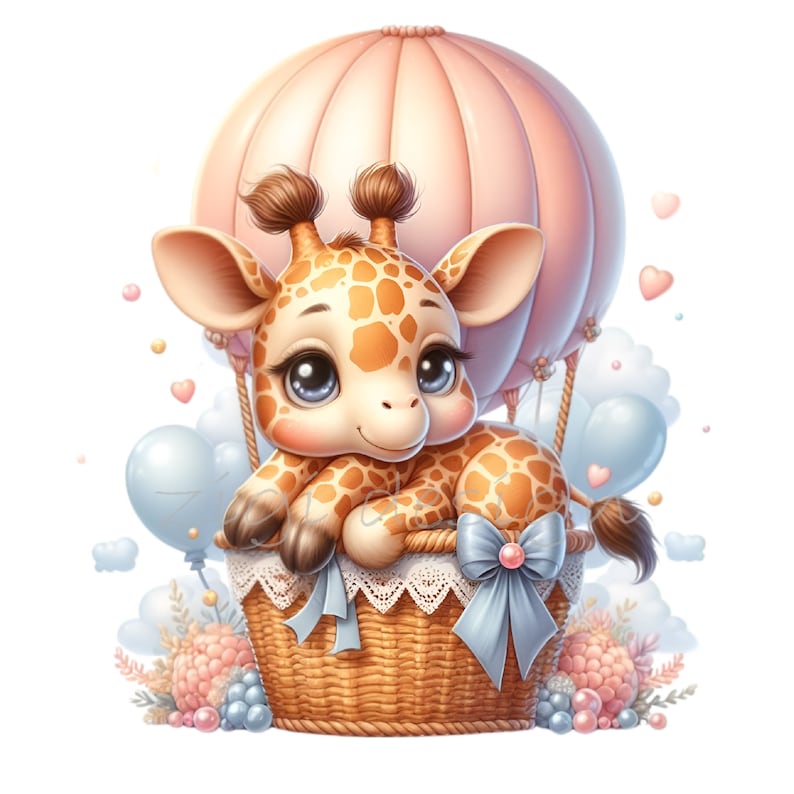 May include: A cute giraffe with big eyes sits in a wicker basket with a blue bow. The giraffe is riding in a pink hot air balloon with blue and white clouds in the background.