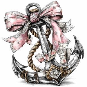 May include: Detailed illustration of a silver anchor adorned with a pink bow and floral accents. The anchor features a rope, decorative elements, and a measuring scale. The bow has a lace trim.