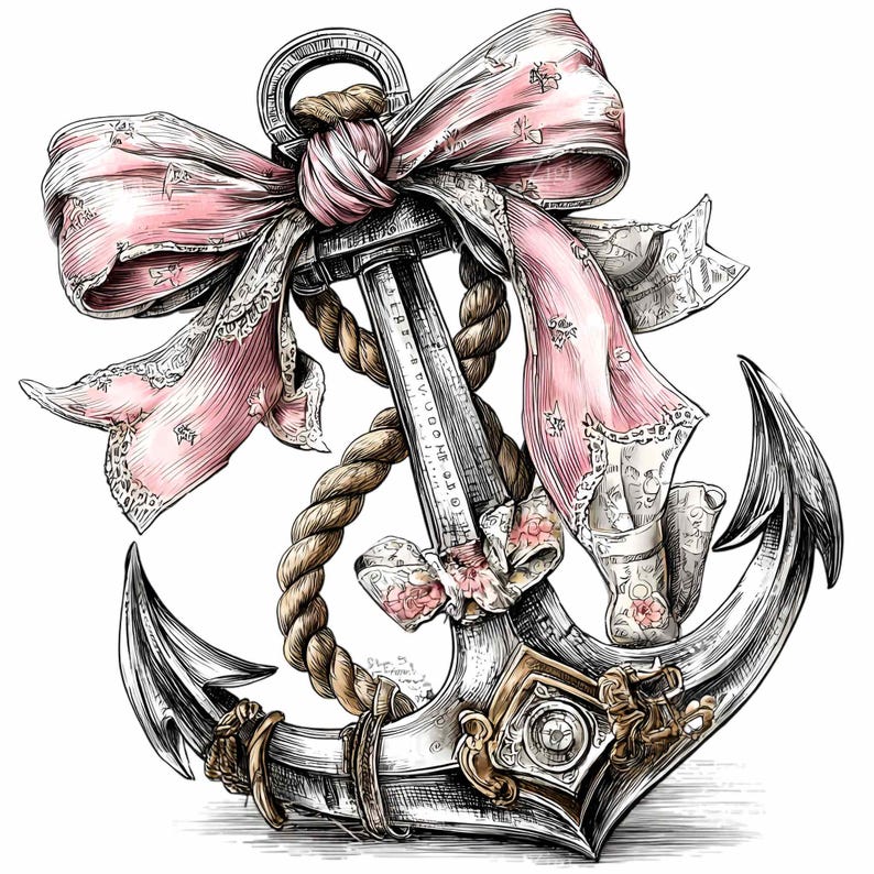 May include: Detailed illustration of a silver anchor adorned with a pink bow and floral accents. The anchor features a rope, decorative elements, and a measuring scale. The bow has a lace trim.