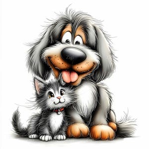 16 JPEG Dog and Cat Duo JPG Clipart - Cute Fluffy Pet Friends Artwork for Craft Projects
