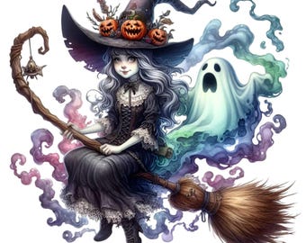 12 PNG Flying Witch-bezemsteel, Halloween-spookpompoenkunst
