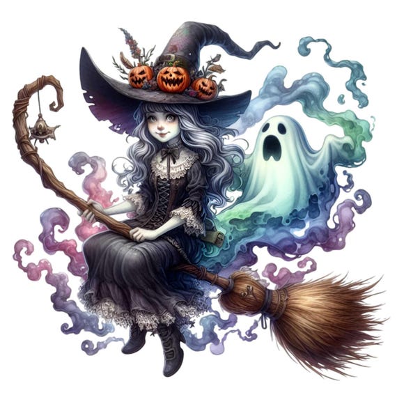 12 PNG Flying Witch Broomstick, Halloween Ghost Pumpkin Art