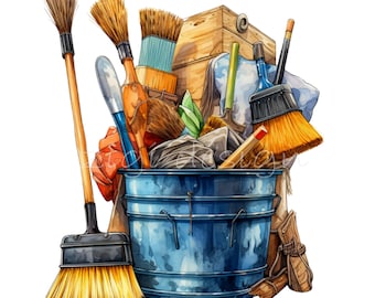 24 PNG Cleaning Bucket Brooms Supplies Watercolor Housework