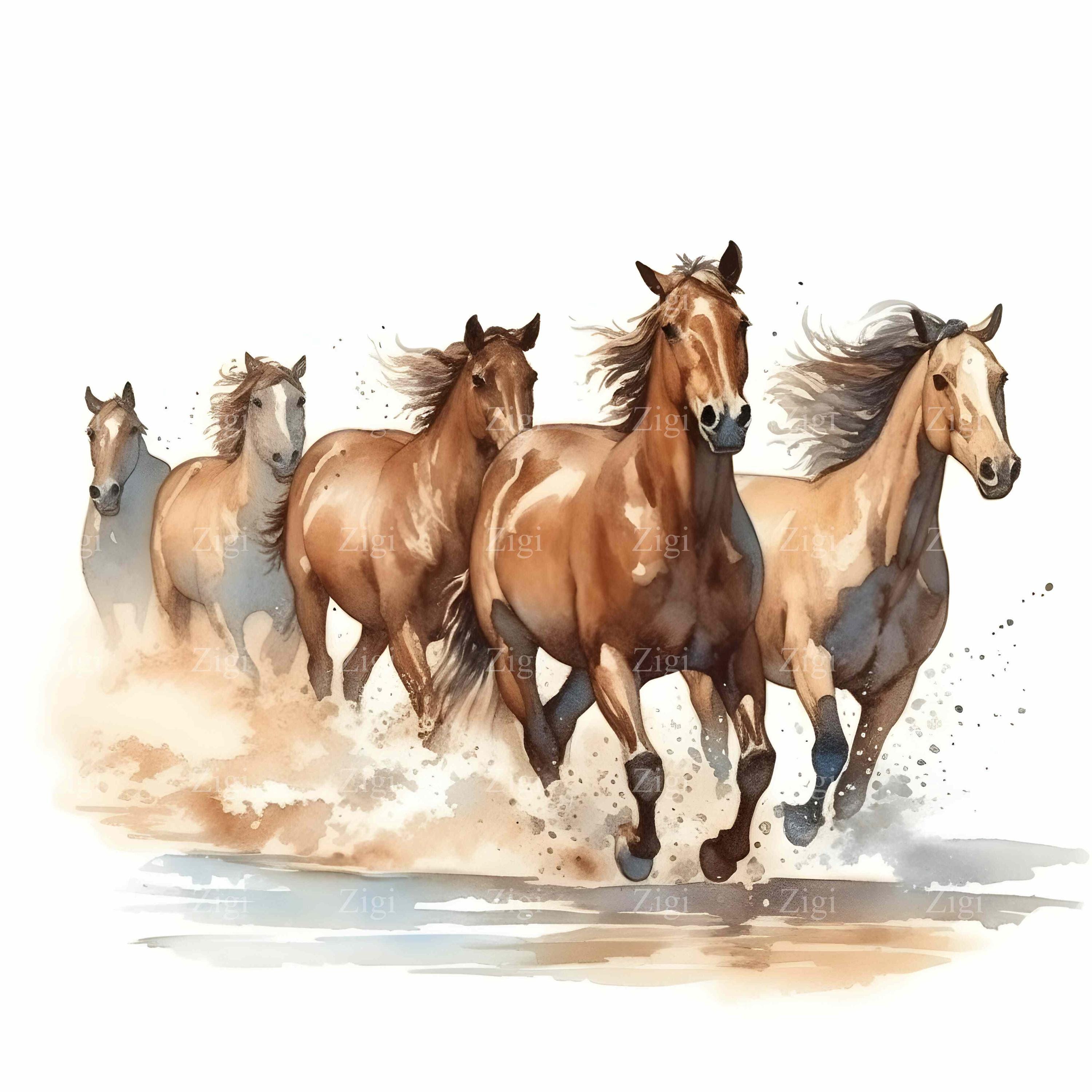 20 JPEG 走る馬のクリップアート – 水彩画の野生の馬の群れ JPG 西洋