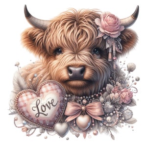 15 Clipart PNG Saint-Valentin vache Highland, vache florale romantique avec coeur et noeud, décoration amour, art animalier aquarelle, téléchargement immédiat