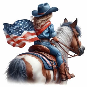 16 imágenes prediseñadas de vaquera patriótica, joven jinete a caballo con bandera estadounidense, arte digital occidental, ilustración de rodeo campestre